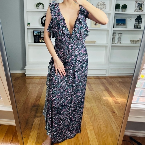 IRO NWT Santu Ruffled Shirred Crepe De Chine Maxi
Dress Black Pink Green Size 36 - Picture 2 of 12